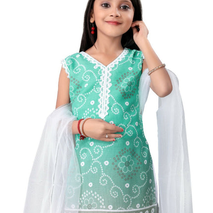 Divine Drape Girls Cotton Green Printed Straight Kids Kurta Pant With Dupatta