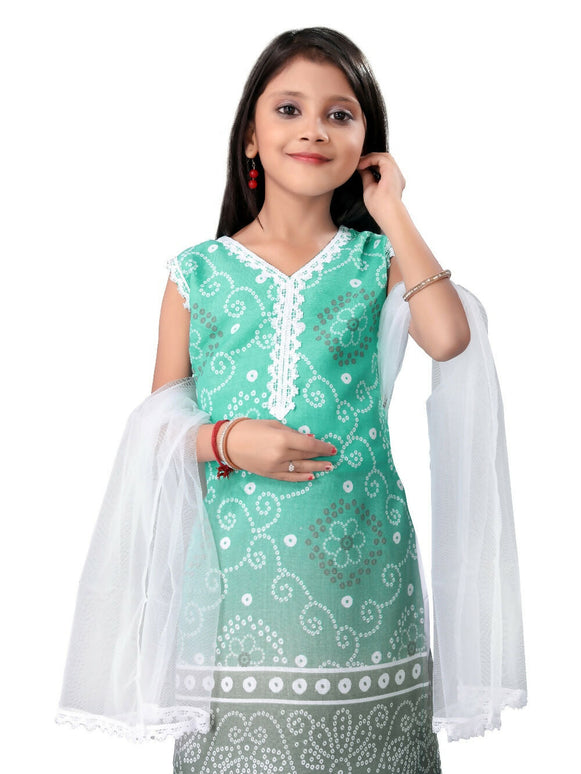 Divine Drape Girls Cotton Green Printed Straight Kids Kurta Pant With Dupatta