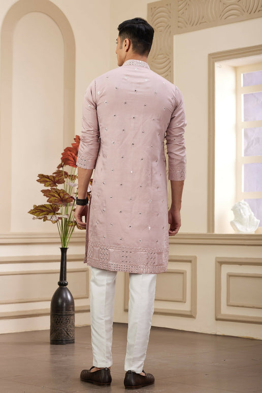 Raivat Ethnic Men's Art Silk Thread Work Kurta Pyjama In Onion Colour