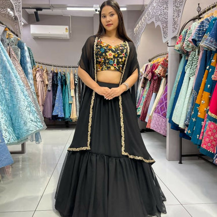 Aastha Fashion Black Heavy Georgette Pleated Semi Stitched Wedding Wear Lehenga Choli