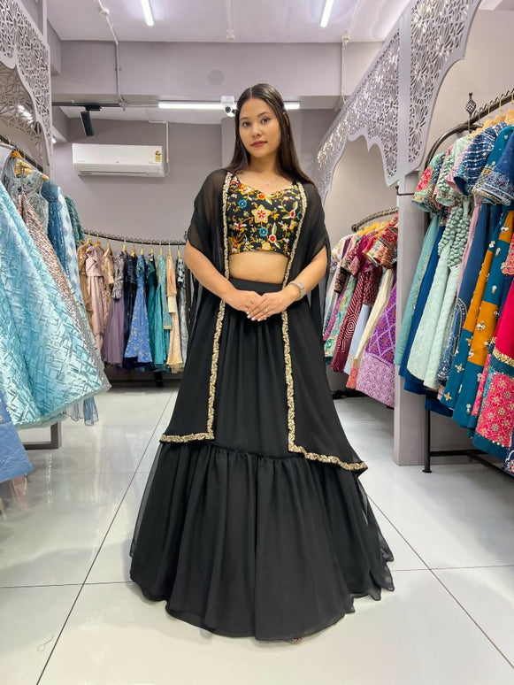 Aastha Fashion Black Heavy Georgette Pleated Semi Stitched Wedding Wear Lehenga Choli
