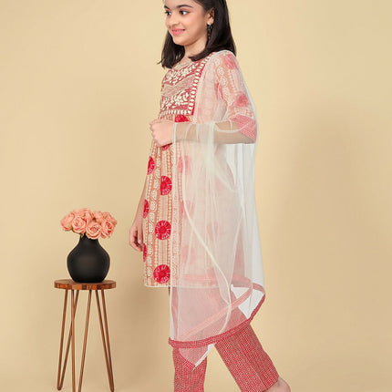 Divine Drape Girls Poly Cotton Red Embroidered Straight Kids Kurta Pant With Dupatta