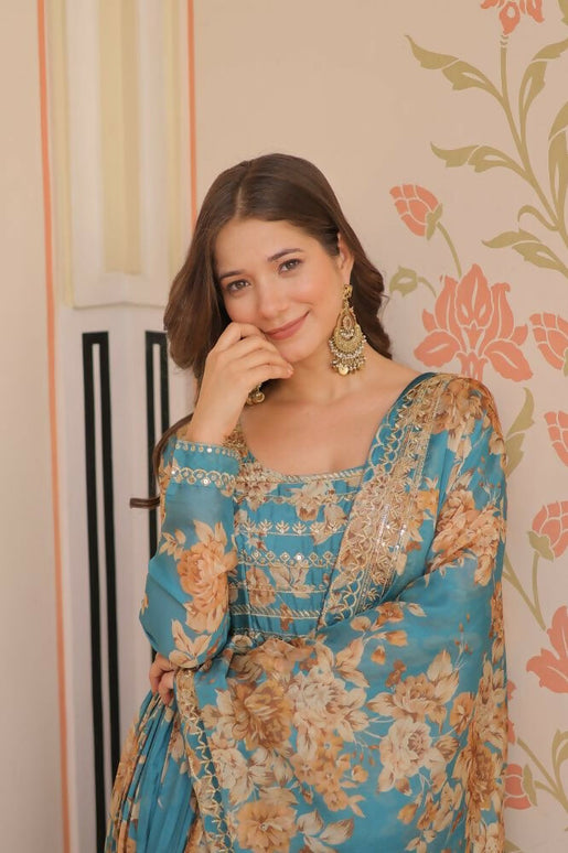 Aastha Fashion Rama Russian Silk Digital Print With Embroidered Sequins Work Party Wear Designer Gown