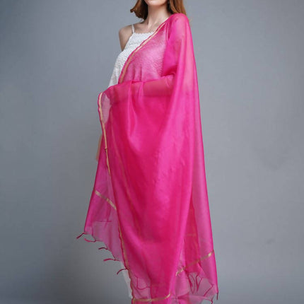Shehnaai Chanderi Silk Dupatta In Magenta Colour With A Golden Woven Border