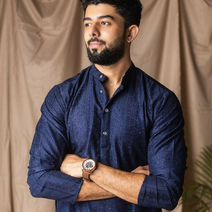 Navy Blue Rayon Thread Embroidery Work Kurta Set - Mahotsav