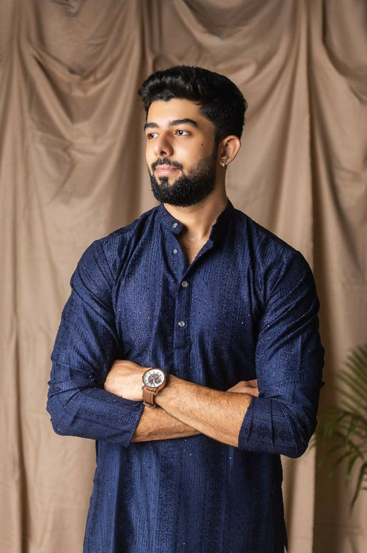 Navy Blue Rayon Thread Embroidery Work Kurta Set - Mahotsav