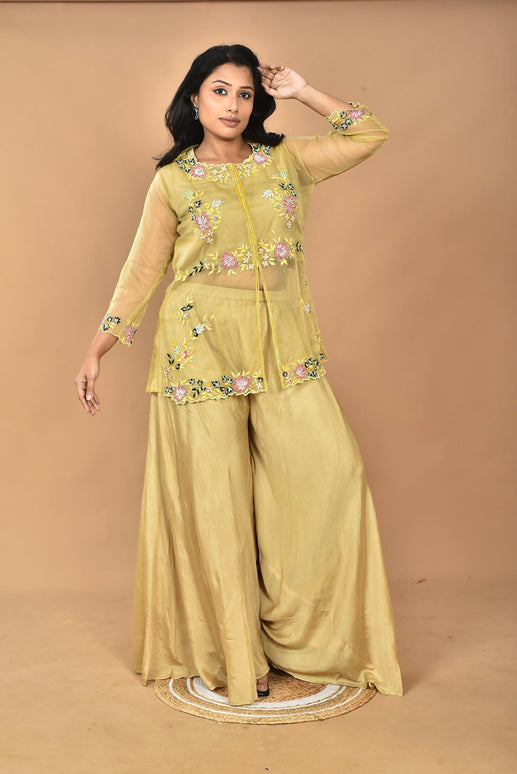 Morchari Women And Hand Embroidery Palazzo Set-Mustard