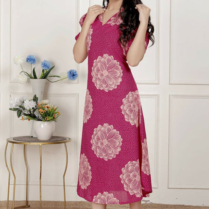 Miravan Womens Pink Printed Collar Neck Short Puff Sleeves Cotton A-Line Maxi Dress