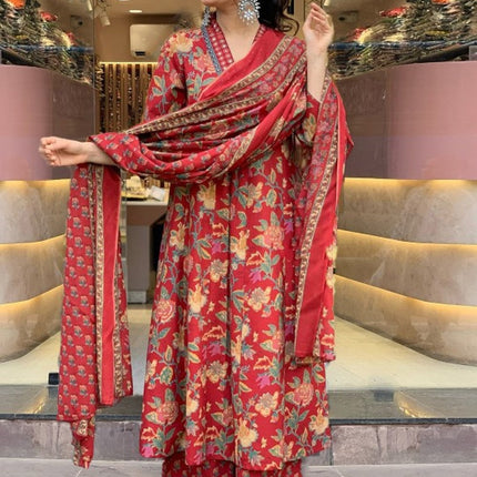 Divine Drape Women's Roman Slub Printed Anarkali Kurta Palazzo With Dupatta - Red