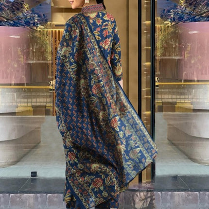 Divine Drape Women's Roman Slub Printed Anarkali Kurta Palazzo With Dupatta - Blue