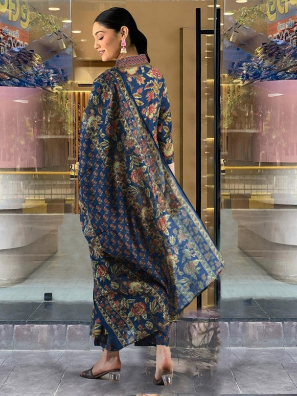 Divine Drape Women's Roman Slub Printed Anarkali Kurta Palazzo With Dupatta - Blue