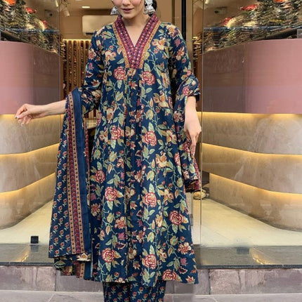 Divine Drape Women's Roman Slub Printed Anarkali Kurta Palazzo With Dupatta - Blue