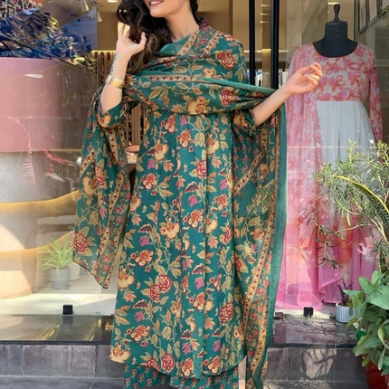 Divine Drape Women's Roman Slub Printed Anarkali Kurta Palazzo With Dupatta - Green