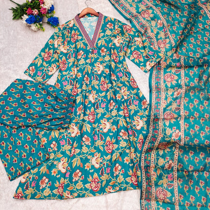 Divine Drape Women's Roman Slub Printed Anarkali Kurta Palazzo With Dupatta - Green