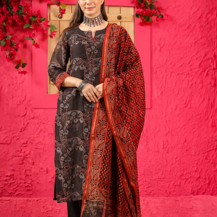 Divine Drape Women's Roman Slub Printed Straight Kurta Pant With Dupatta - Brown