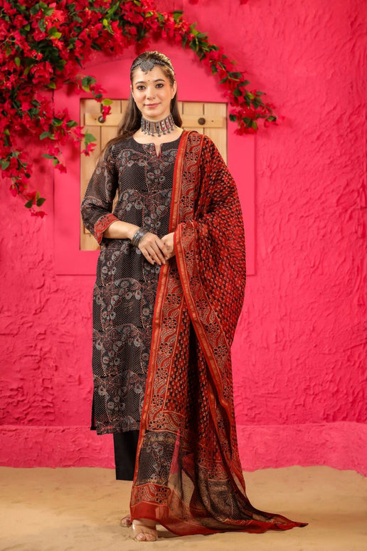 Divine Drape Women's Roman Slub Printed Straight Kurta Pant With Dupatta - Brown