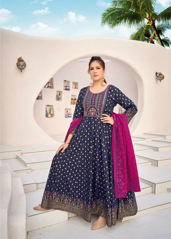 Aastha Fashion Navy Blue Rayon Party Wear Designer Gown Collection