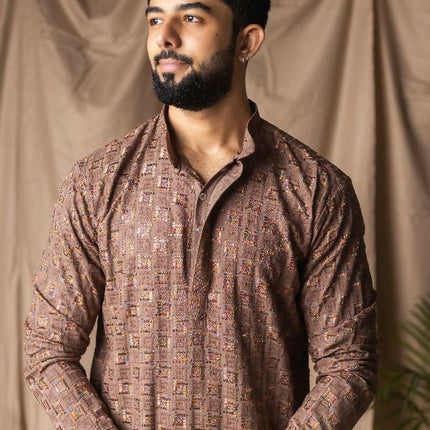 Brown Rayon Thread Embroidery Work Kurta Set - Mahotsav