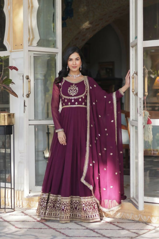 Aastha Fashion Wine Faux Blooming Georgette Sequins Embroidered work Party Wear Designer Gown