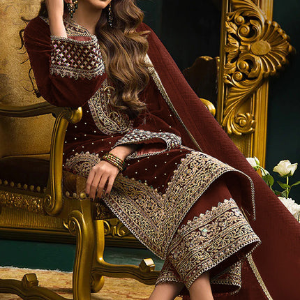 Lorenvalley Fashion Women Maroon Velvet Embroidered Salwar Suit Material