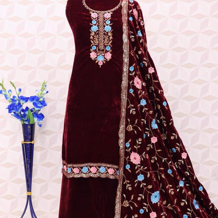 Lorenvalley Fashion Women Maroon Velvet Embroidered Salwar Suit Material