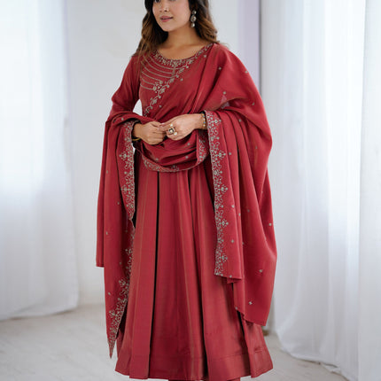 Lorenvalley Fashion Maroon Roman Shimmer Chanderi Silk Yoke Fancy Handwork Beads Work Anarkali Kurta Pant With Dupatta Set