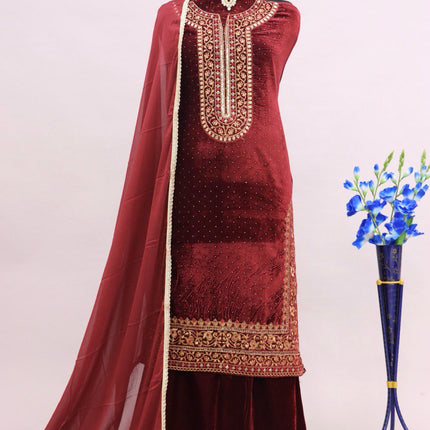 Lorenvalley Fashion Women Maroon Velvet Embroidered Salwar Suit Material