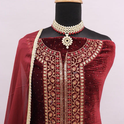 Lorenvalley Fashion Women Maroon Velvet Embroidered Salwar Suit Material