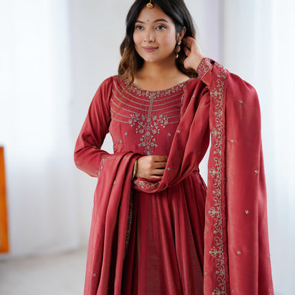 Lorenvalley Fashion Maroon Roman Shimmer Chanderi Silk Yoke Fancy Handwork Beads Work Anarkali Kurta Pant With Dupatta Set