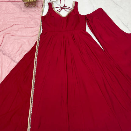 Lorenvalley Fashion Maroon Pure Romansilk Chanderi Fabric Yoke Fancy Lace Work Anarkali Kurta Pant With Dupatta Set