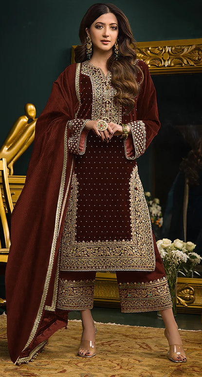 Lorenvalley Fashion Women Maroon Velvet Embroidered Salwar Suit Material