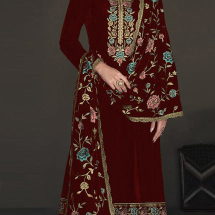 Lorenvalley Fashion Women Maroon Velvet Embroidered Salwar Suit Material