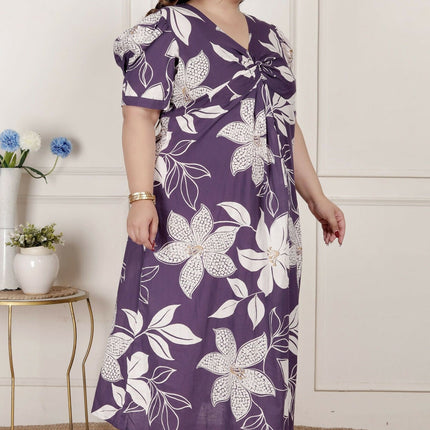 Miravan Womens Plus Size Purple Pleated Puff Sleeve Floral Pure Cotton Butterfly Middi Dress