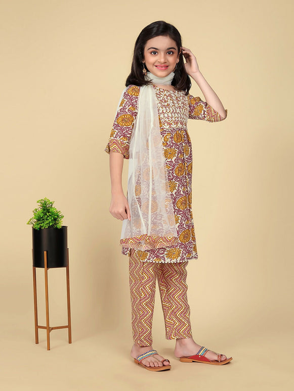Divine Drape Girls Poly Cotton Yellow Embroidered Straight Kids Kurta Pant With Dupatta