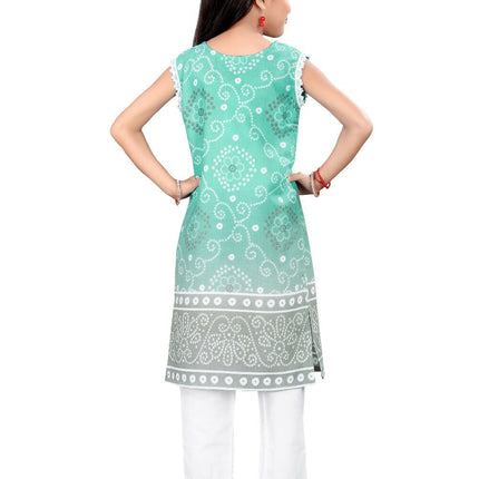 Divine Drape Girls Cotton Green Printed Straight Kids Kurta Pant With Dupatta