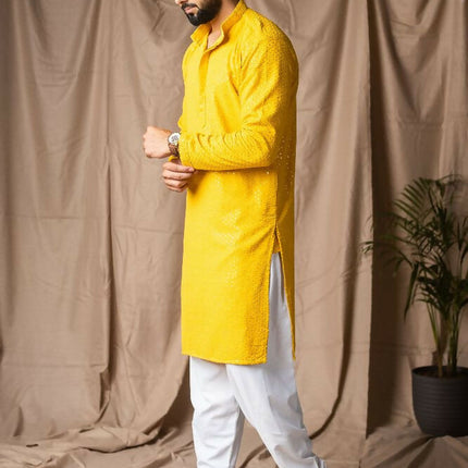 Light Yellow Rayon Thread Embroidery Work Kurta Set - Mahotsav