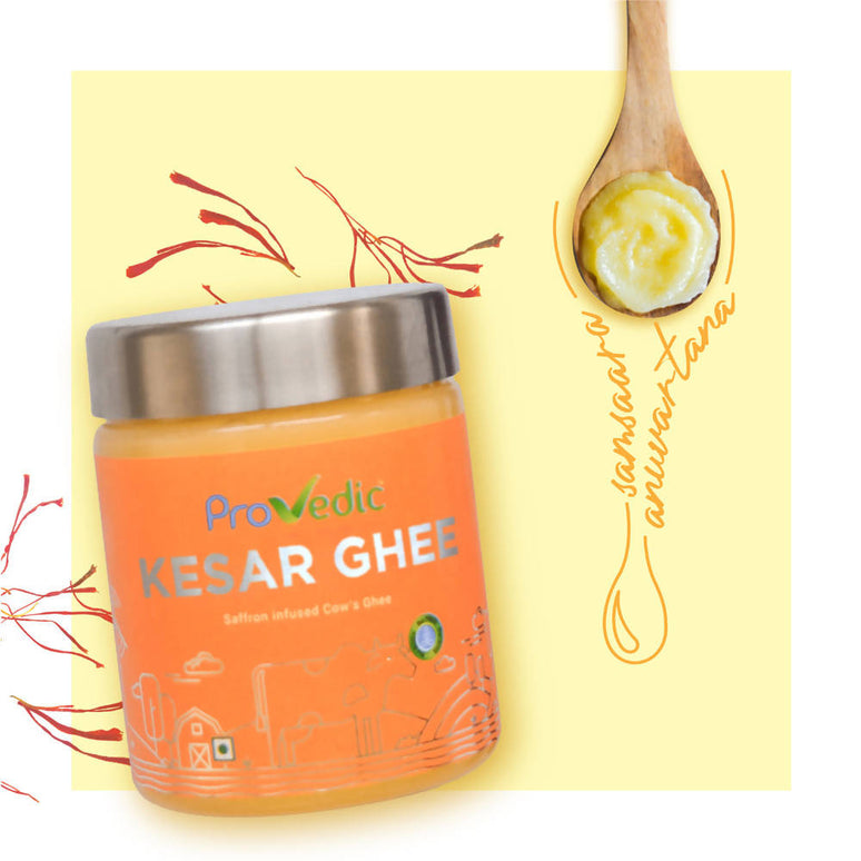 ProVedic Kesar Ghee | Indian Hallikar Cow Ghee, Pure A2 Ghee, Natural & Healthy, Non-GMO | Bilona Method | Traditional Curd-Churned |Pure, Natural & Healthy | Glass Jar |