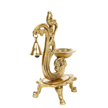 CraftVatika Gold-Toned Brass Handmade Decorative Peacock Design Diya with Bell & Stand