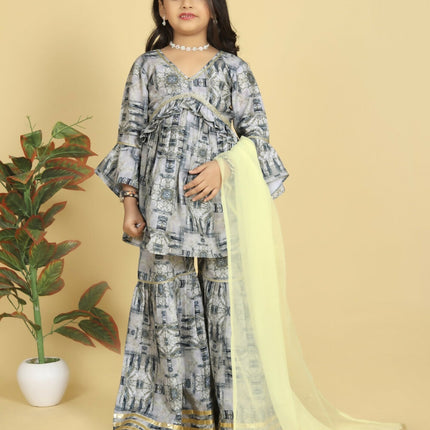 Divine Drape Girls Muslin Grey Printed Straight Kids Kurta Sharara With Dupatta