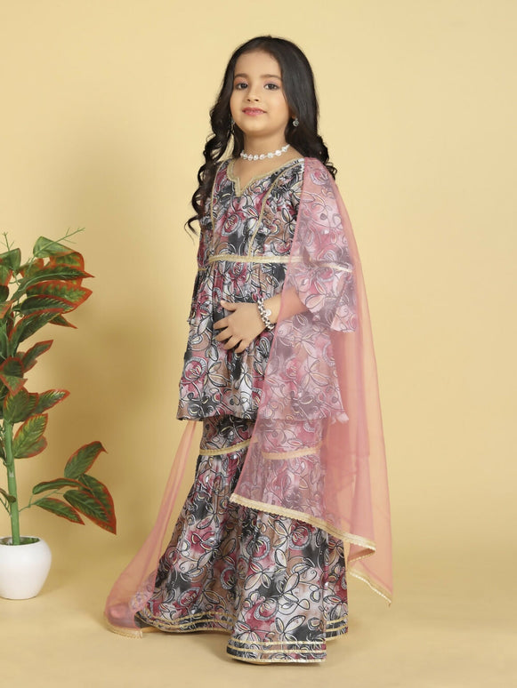 Divine Drape Girls Muslin Purple Printed Straight Kids Kurta Sharara With Dupatta