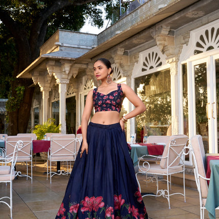 Lorenvalley Navy Blue Tussar Silk Floral Print With Foil Work Lehenga Choli with Dupatta