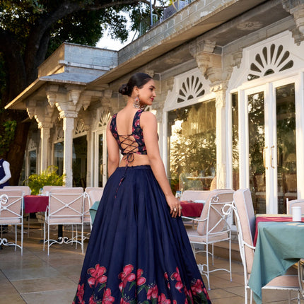 Lorenvalley Navy Blue Tussar Silk Floral Print With Foil Work Lehenga Choli with Dupatta