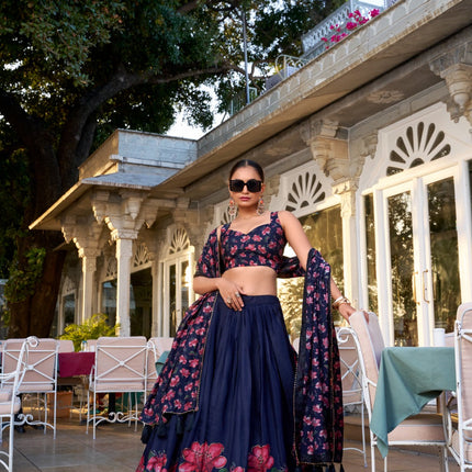 Lorenvalley Navy Blue Tussar Silk Floral Print With Foil Work Lehenga Choli with Dupatta