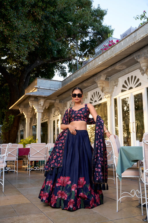 Lorenvalley Navy Blue Tussar Silk Floral Print With Foil Work Lehenga Choli with Dupatta