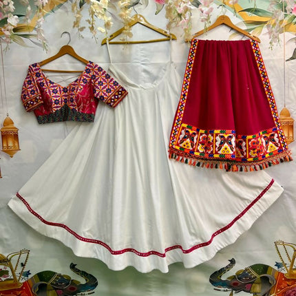 Aastha Fashion White Reyon Readymade Mirror Lace Semi Stitched Wedding Wear Lehenga Choli