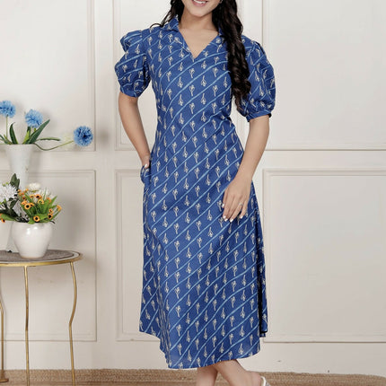 Miravan Womens Floral Print Blue Collar-Neck Puff Sleeves A-Line Maxi Dress