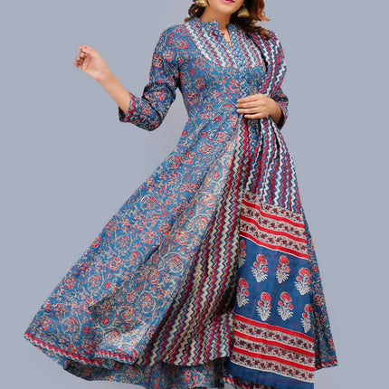 Shehnai Blue Anarkali Double Dress With Matching Printed Dupatta
