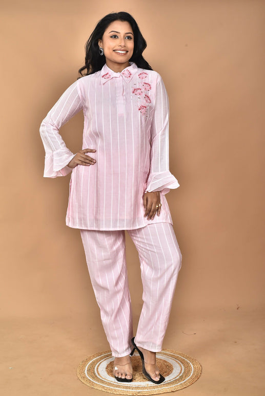 Morchari Women And Hand Embroidery Co-Ords-Pink