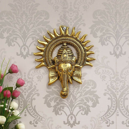 eCraftIndia Golden Lord Ganesha With Sun Decorative Metal Wall Hanging