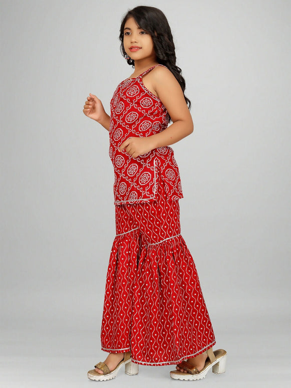 Divine Drape Girls Rayon Red Printed Straight Kids Kurta Sharara With Dupatta